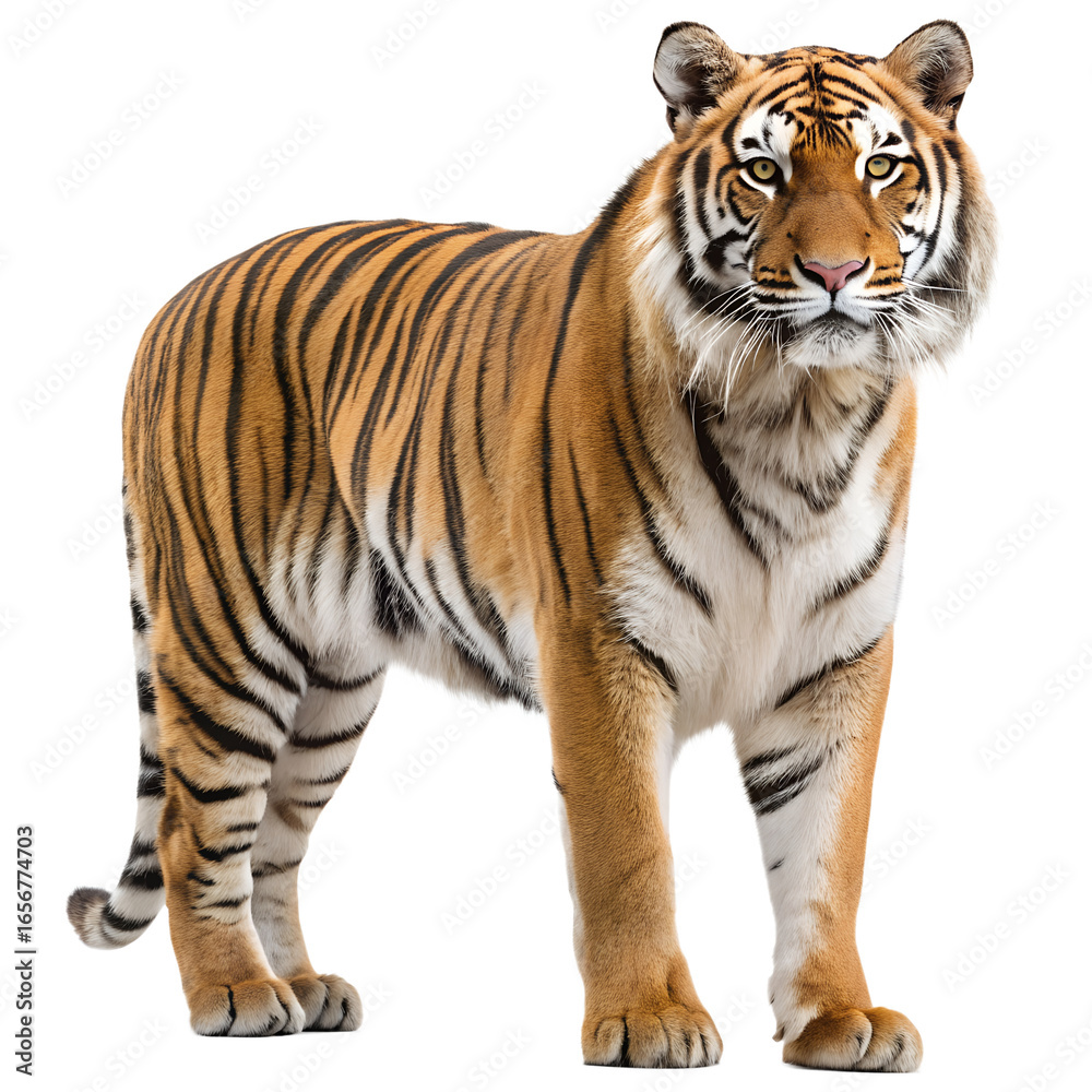 Fototapeta premium Magnificent Tiger Portrait A Striking Feline with Intense Gaze and Majestic Stripes in a Wildlife Setting against Transparent Backdrop