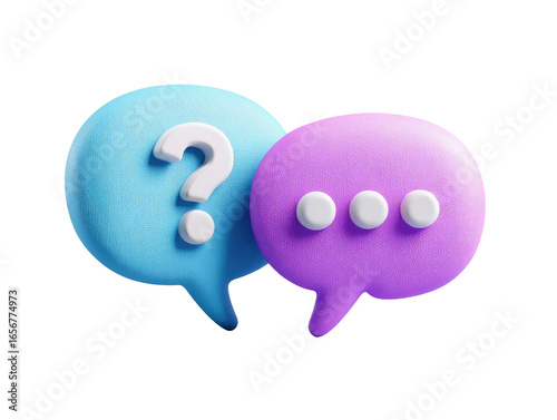 Two 3D speech bubbles, one light blue with a question mark, the other light purple with three ellipses, suggesting a question and answer or dialogue