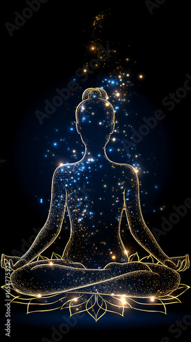 Yoga Lotus Silhouette Midnight Blue Gold Holographic Design - Futuristic Meditation App Background Wellness Digital Art Portrait Format Spiritual