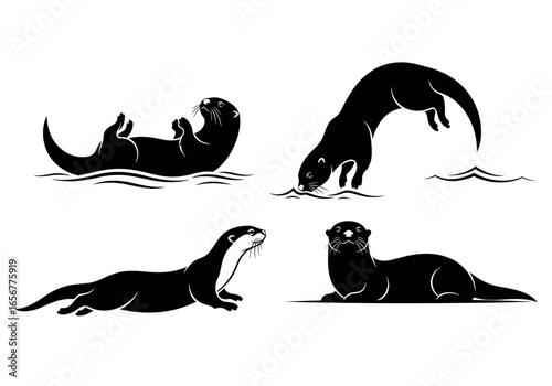 Four otter illustrations showcasing different poses such as diving swimming and resting on a white area