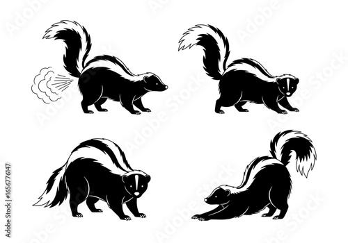Four skunks in various poses, one emitting a cloud, showcasing their distinctive stripes and fluffy tails