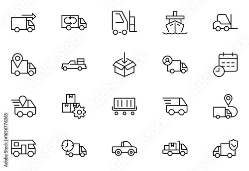 Logistics and inventory line icon set highlighting boxes, warehousing, and delivery features. Thin outline icons pack. Vector illustration. editable stroke