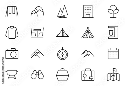 Camping line icon set. Pixel perfect. The set includes a Camping, Hiking, Compass, Mountain, Fishing, Tourism, Thin outline icons pack. Vector illustration. editable stroke