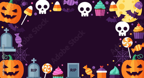 Colorful Halloween background with pumpkins, skulls, candies, cupcakes, bats, cobwebs, and tombstones. Fun festive design perfect for party invitations, posters, and seasonal decorations