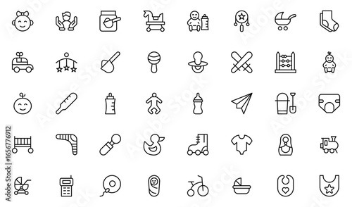 Baby Product Icon Set. A charming collection of icons designed for parents and caregivers, perfect for websites, apps. Thin outline icons pack. Vector illustration. editable stroke