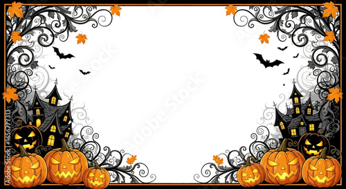 Halloween frame illustration with spooky black tree branches, owl, spider webs, crescent moon, and scary pumpkin. Perfect eerie border for invitations, party flyers, and decorations