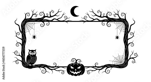Halloween frame illustration with spooky black tree branches, owl, spider webs, crescent moon, and scary pumpkin. Perfect eerie border for invitations, party flyers, and decorations