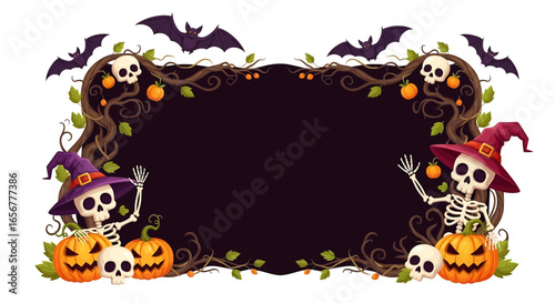 Halloween frame background with spooky skeletons, pumpkins, bats, skulls, and twisted tree branches. Perfect eerie border design for invitations, party flyers, and seasonal decoration