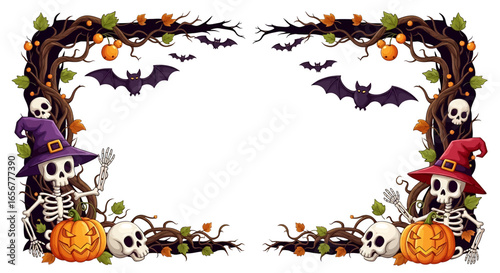 Halloween frame background with spooky skeletons, pumpkins, bats, skulls, and twisted tree branches. Perfect eerie border design for invitations, party flyers, and seasonal decoration