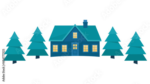 Charming Blue House Surrounded by Evergreen Trees on a White Background