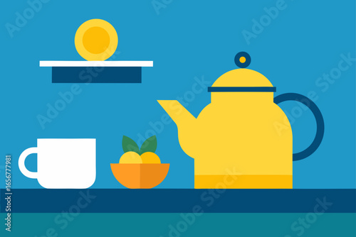 teapot and cup of tea with lemon