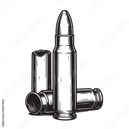 Detailed black and white illustration of gun bullets and empty cartridge casings