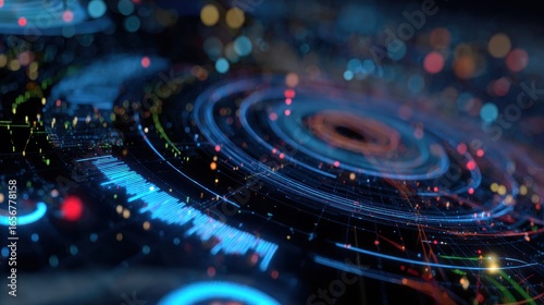 Technological Visualization: An immersive image of data streams and information overlays in a vibrant display, conjuring visions of future technology and complex scientific processes. 