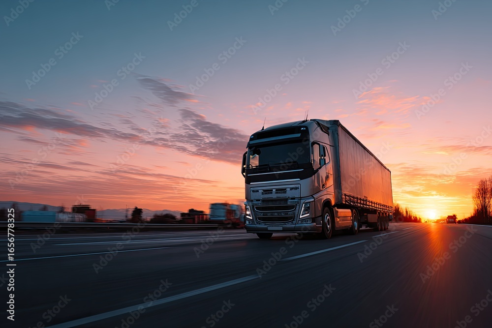 Obraz premium Heavy truck on highway at sunrise
