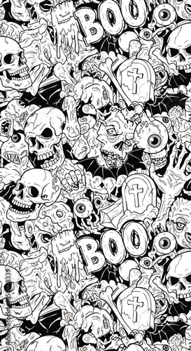 Creepy seamless Halloween pattern with skulls, zombies, tombstones, eyeballs, skeleton hands, and dripping “BOO” text. Perfect spooky design for horror decorations and Halloween backgrounds