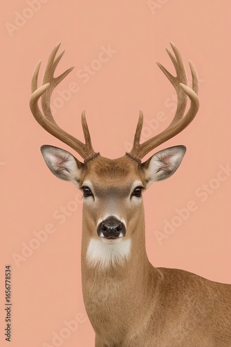 Deer Portrait with Antlers on Light Orange Background