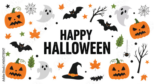 Happy Halloween illustration with pumpkins, bats, ghosts, spider webs, witch hat, autumn leaves, and spooky trees. Perfect festive design for Halloween party, decor, and seasonal greeting