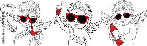 cute cupid angels with red sunglasses holding wine glasses and a bottle vector illustration for valentine's day love and party celebration