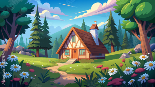 Cozy cottage rests peacefully in idyllic forest clearing with daisies, surrounded by sunlight, gentle breeze, lush greenery, timeless charm, natural beauty, serene retreat, welcoming tranquility, and 