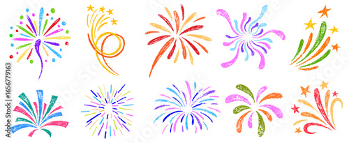 Crayon fireworks. Kids color chalk pencil firecracker, confetti, sunburst, explosion in sketch style. Kid's style circular elements. Bursting rays line. Grunge texture. Hand drawn vector illustration