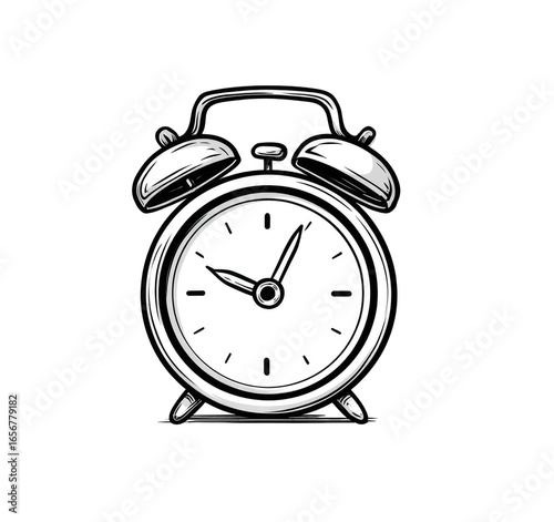 Vintage alarm clock graphic.  Simple, black and white illustration of a classic alarm clock, showing the time.  Rounded metal casing with two bells.  Simple hands and numerals on the clock face
