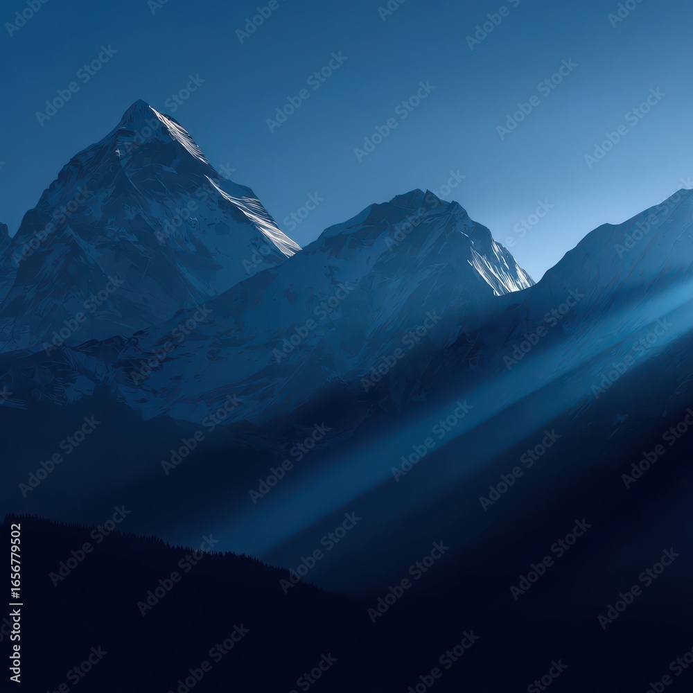 Fototapeta premium Majestic mountain peaks bathed in the dawn light.