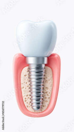 Implant demo: structure show. A detailed view of a dental implant illustrating its components in gum tissue, highlighting the dental procedure.