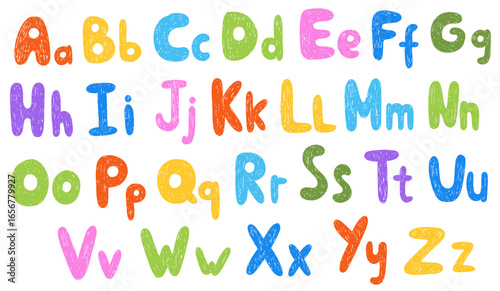Crayon alphabet, doodle kids font. School wax crayon abc for kindergarten, educational banners, handwriting playful letters, digits. Vector cartoon children funny playful alphabet illustration