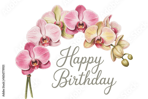Beautiful Watercolor Orchid Arrangement with Happy Birthday Greeting for a Special Celebration Card Design and Invitations