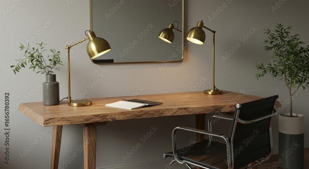 Obraz premium Modern wooden desk with stylish lamps and a comfortable chair in a well-lit room