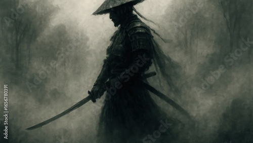 Mysterious samurai in misty forest.