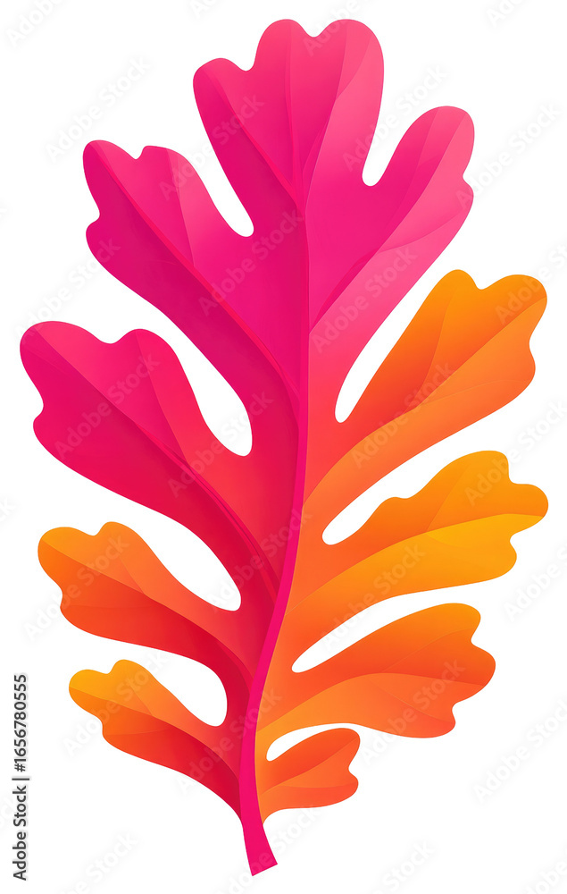 Obraz premium Vibrant, stylized oak leaf with gradient colors. A stylized, outlined leaf with a gradient of pink and orange/yellow. The leaf's intricate veining is visible through the color gradient