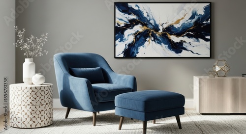 Modern living room scene with blue armchair artwork and side table accent furniture