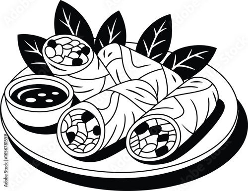 A stylized black and white line art illustration of traditional Asian spring rolls served on a plate with dipping sauce and fresh herbs