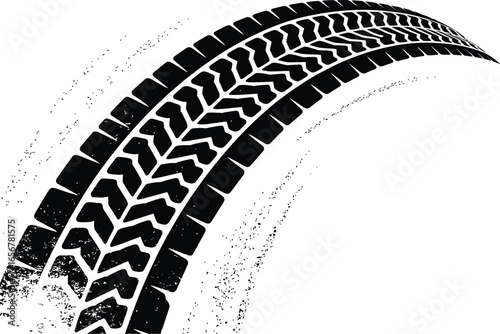 Dynamic black rubber tire tracks leaving a bold imprint on a pristine white surface, illustrating speed, movement, and a distinctive path forward