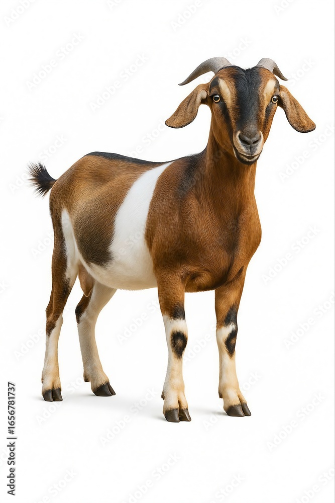 Fototapeta premium A brown and white spotted goat stands facing forward on a clean white background