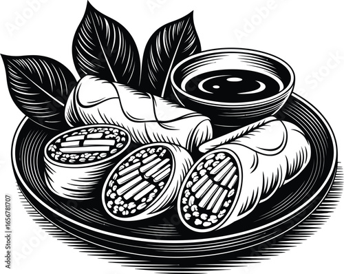 Elegant monochrome illustration of fresh spring rolls served on a plate