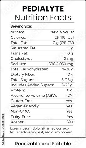 Pedialyte Nutrition Facts Label with Nutrients Data on White Background