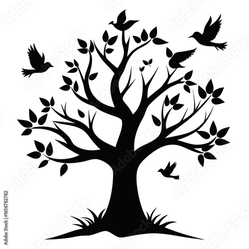 Photography Black silhouette of tree with flying birds white background