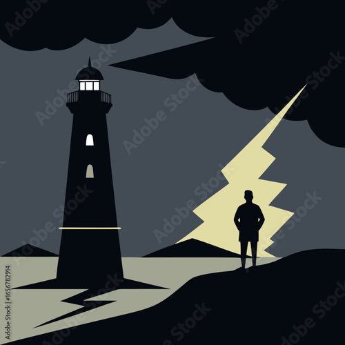 Lighthouse and lone figure during a lightning storm