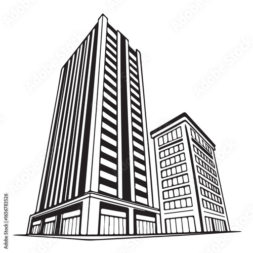 Sketch of two modern high rise office buildings rendered in a bold black and white line art style
