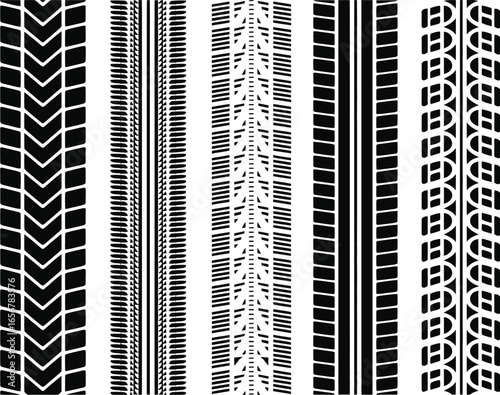 A collection of various vertical tire track patterns in black and white. Set of different automotive tread mark vector illustrations