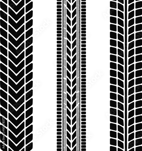 A collection of black and white vector illustrations showing three different seamless tire tread patterns as graphic silhouettes