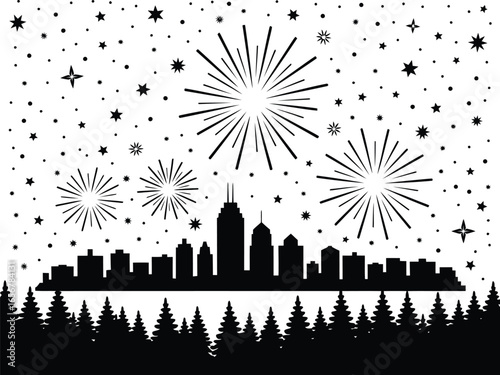 Black and white silhouette illustration of a city skyline at night with dazzling fireworks, stars, and a forest, depicting a festive celebration