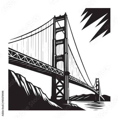 Iconic golden gate bridge depicted in a dramatic black and white woodcut illustration style