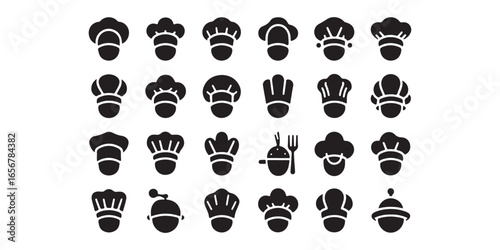 A collection of twenty four black chef hat icons in various styles arranged on a white background
