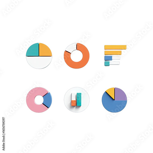 Collection of colorful, flat pie charts and bar graphs.