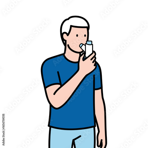 Young man using inhaler for asthma relief while standing indoors  minimal outline icons on the theme of medications and pharmacy icon