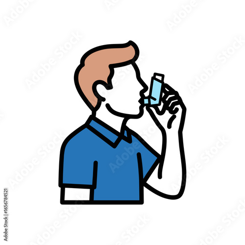 Male using asthma inhaler while standing and breathing deeply  minimal outline icons on the theme of medications and pharmacy icon