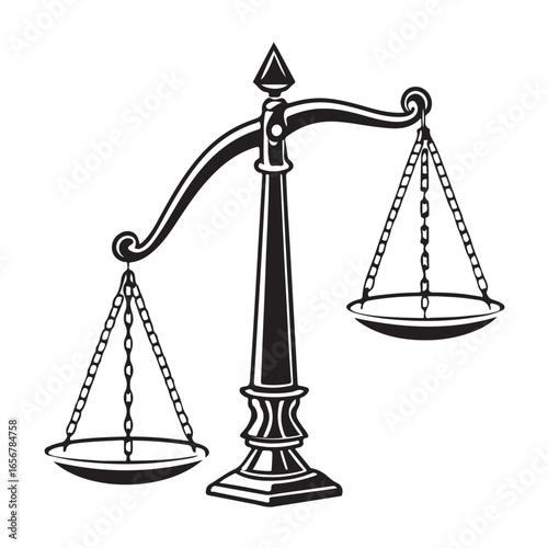 Vintage black and white illustration of a traditional balance scale symbolizing justice and law